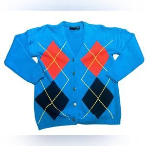 Vintage Dockers Turquoise Argyle Button Up Cardigan Sweater 100% Cotton Medium